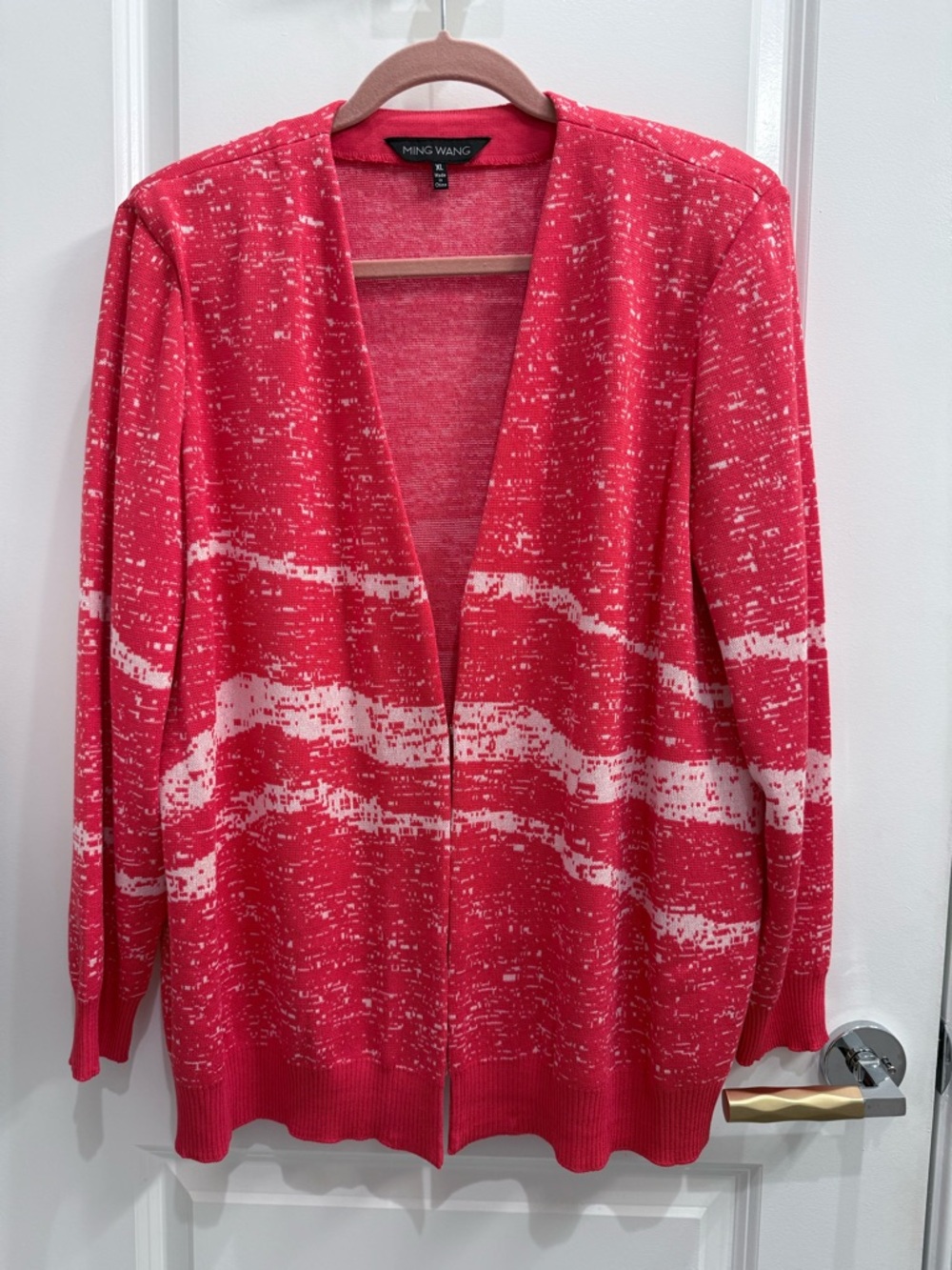 Ming Wang Coral-Red and White Open-Front Cardigan